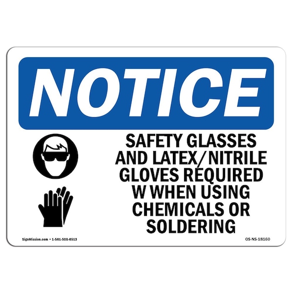 Signmission OSHA Sign, Glasses And Latex Nitrile With Symbol, 10in X 7in Rigid Plastic, 10" W, 7" H, Landscape OS-NS-P-710-L-18160 - main